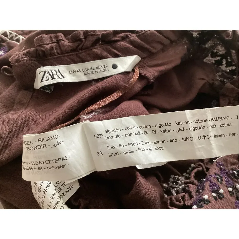 Zara Embroidered Beaded Bohemian Blouse Mock Neck Balloon Sleeve Plum Brown XL - Picture 4 of 6